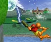 Samus grabs the edge with her grappling hook!